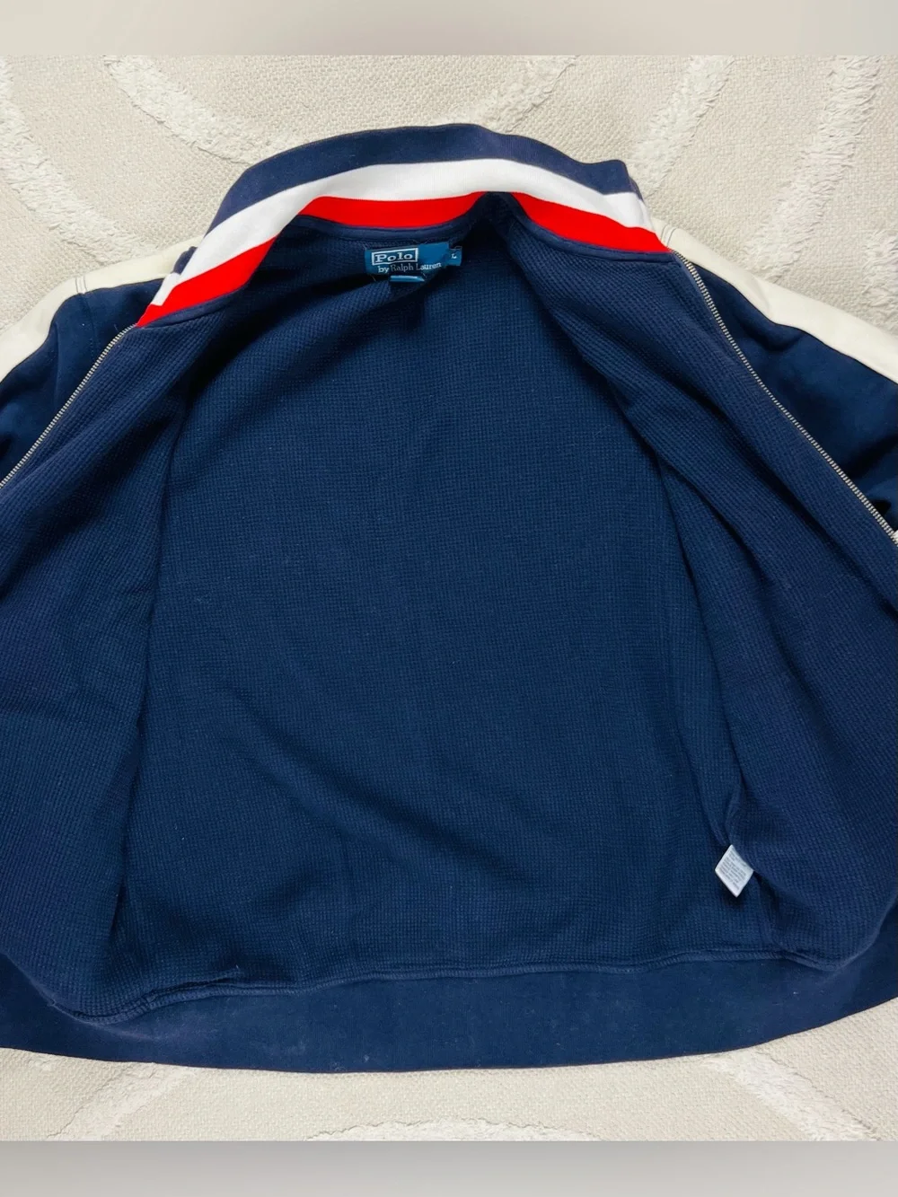 Polo Ralph Lauren Navy Track Jacket with Cream Sleeve Stripes – Size L